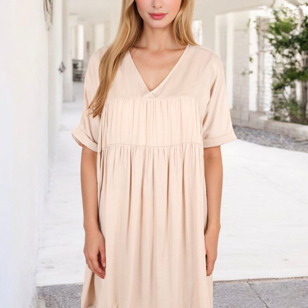 V-Neck Short Sleeve Babydoll Dress with Flowing Silhouette