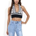 Black Large Striped Knit Halter Crop Top with Deep V-Neckline