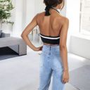 Black Medium Striped Knit Halter Crop Top with Deep V-Neckline