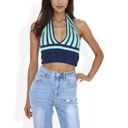 Blue Large Striped Knit Halter Crop Top with Deep V-Neckline