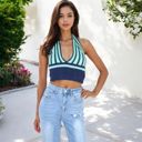 Blue Large Striped Knit Halter Crop Top with Deep V-Neckline