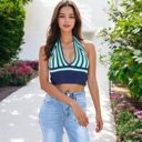 Blue Medium Striped Knit Halter Crop Top with Deep V-Neckline