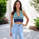 Blue Medium Striped Knit Halter Crop Top with Deep V-Neckline