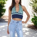 Blue Medium Striped Knit Halter Crop Top with Deep V-Neckline