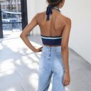 Blue Medium Striped Knit Halter Crop Top with Deep V-Neckline