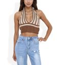 Brown Large Striped Knit Halter Crop Top with Deep V-Neckline