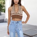 Brown Large Striped Knit Halter Crop Top with Deep V-Neckline