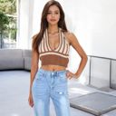 Brown Large Striped Knit Halter Crop Top with Deep V-Neckline