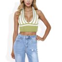 Green Large Striped Knit Halter Crop Top with Deep V-Neckline