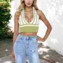 Green Large Striped Knit Halter Crop Top with Deep V-Neckline