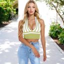 Green Large Striped Knit Halter Crop Top with Deep V-Neckline