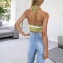 Green Medium Striped Knit Halter Crop Top with Deep V-Neckline