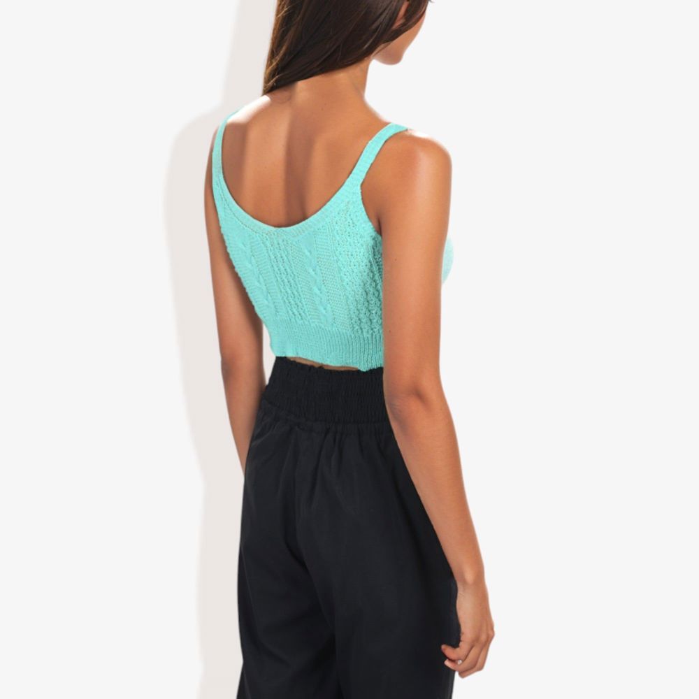 Knit Crop Top with Spaghetti Straps and Ribbed Hem Sleeveless Summer Tank Top