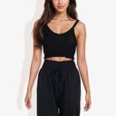 Black Large Knit Crop Top with Spaghetti Straps and Ribbed Hem Sleeveless Summer Tank Top