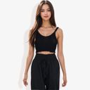 Black Large Knit Crop Top with Spaghetti Straps and Ribbed Hem Sleeveless Summer Tank Top