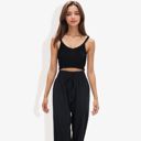 Black Large Knit Crop Top with Spaghetti Straps and Ribbed Hem Sleeveless Summer Tank Top