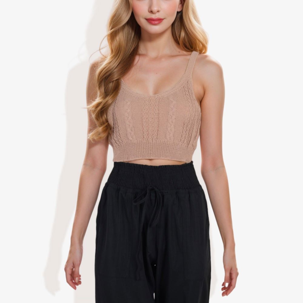 Knit Crop Top with Spaghetti Straps and Ribbed Hem Sleeveless Summer Tank Top