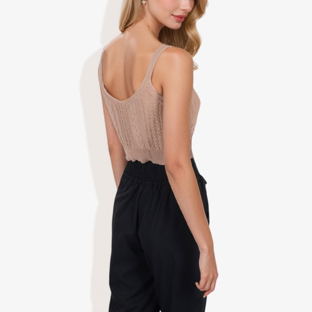 Knit Crop Top with Spaghetti Straps and Ribbed Hem Sleeveless Summer Tank Top