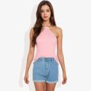  Halter Neck Knit Tank Top with Ribbed Design and Stretchy Fit for Casual Summer Wear