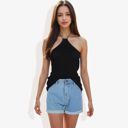 Black Large Halter Neck Knit Tank Top with Ribbed Design and Stretchy Fit for Casual Summer Wear