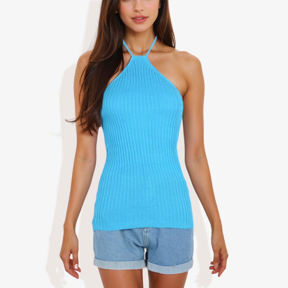 Halter Neck Knit Tank Top with Ribbed Design and Stretchy Fit for Casual Summer Wear