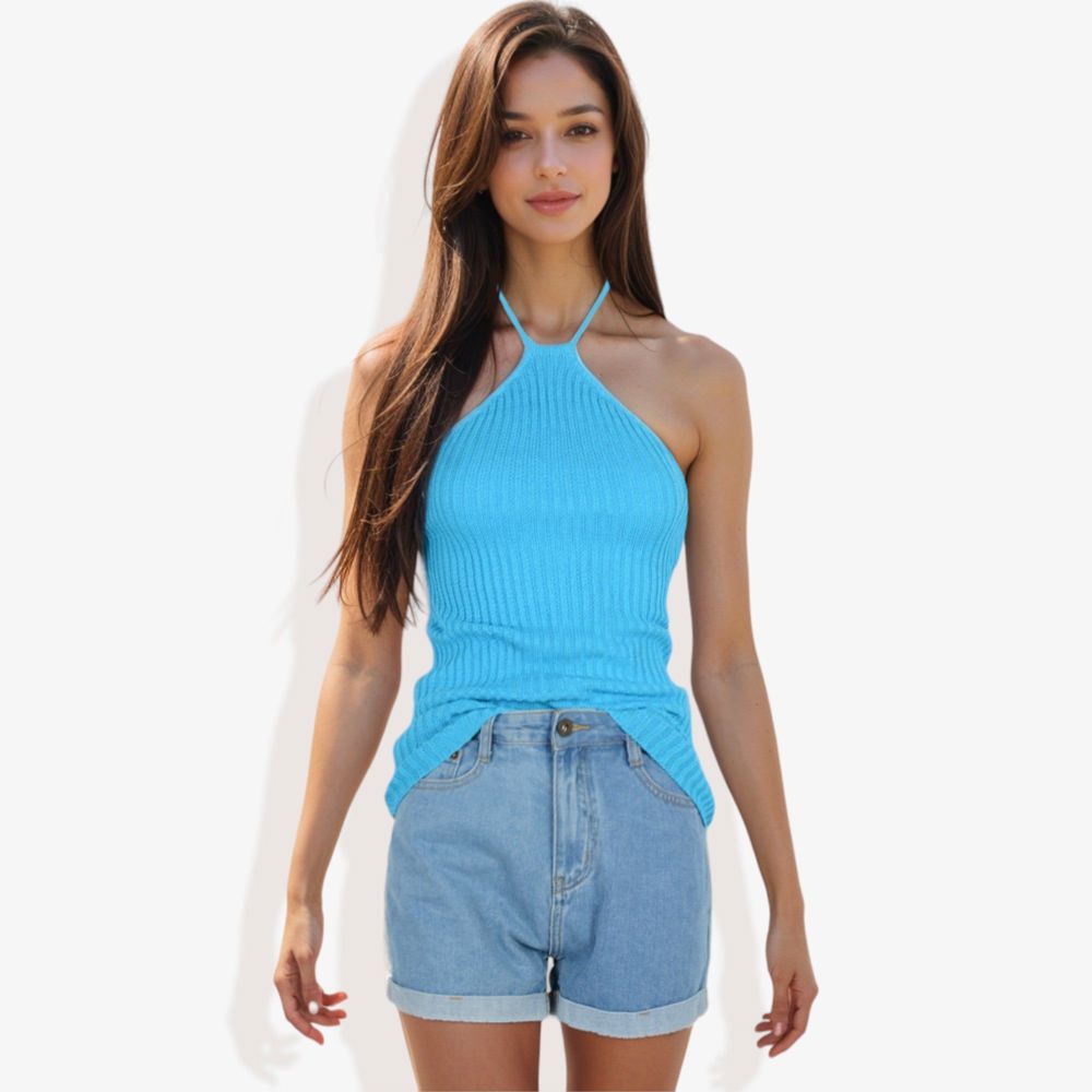 Halter Neck Knit Tank Top with Ribbed Design and Stretchy Fit for Casual Summer Wear