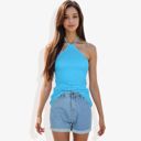 Blue Large Halter Neck Knit Tank Top with Ribbed Design and Stretchy Fit for Casual Summer Wear