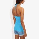 Blue Large Halter Neck Knit Tank Top with Ribbed Design and Stretchy Fit for Casual Summer Wear