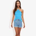 Blue Large Halter Neck Knit Tank Top with Ribbed Design and Stretchy Fit for Casual Summer Wear