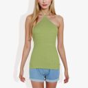 Green Large Halter Neck Knit Tank Top with Ribbed Design and Stretchy Fit for Casual Summer Wear