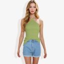 Green Large Halter Neck Knit Tank Top with Ribbed Design and Stretchy Fit for Casual Summer Wear