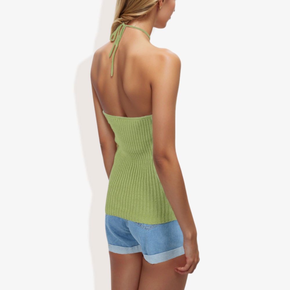 Halter Neck Knit Tank Top with Ribbed Design and Stretchy Fit for Casual Summer Wear