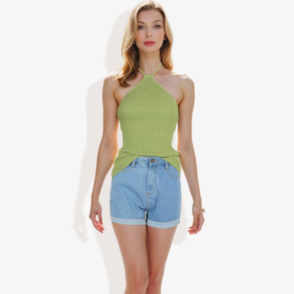 Halter Neck Knit Tank Top with Ribbed Design and Stretchy Fit for Casual Summer Wear