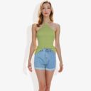 Green Large Halter Neck Knit Tank Top with Ribbed Design and Stretchy Fit for Casual Summer Wear