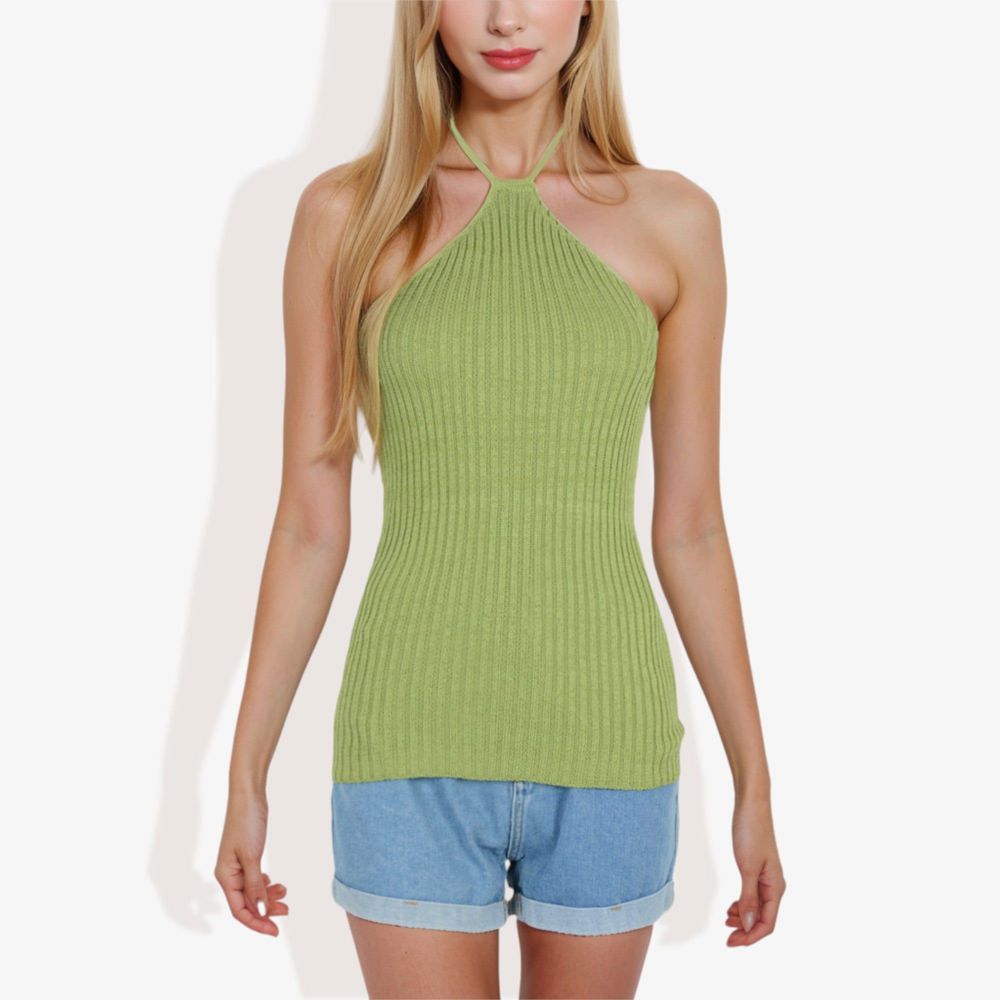 Halter Neck Knit Tank Top with Ribbed Design and Stretchy Fit for Casual Summer Wear