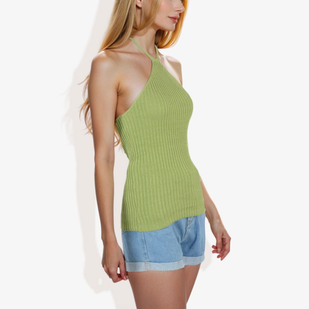 Halter Neck Knit Tank Top with Ribbed Design and Stretchy Fit for Casual Summer Wear