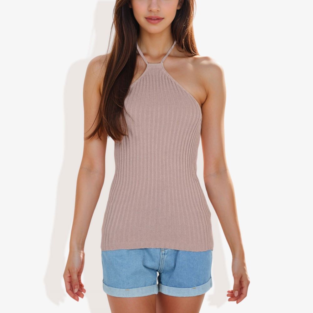 Halter Neck Knit Tank Top with Ribbed Design and Stretchy Fit for Casual Summer Wear