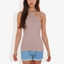 Brown Large Halter Neck Knit Tank Top with Ribbed Design and Stretchy Fit for Casual Summer Wear