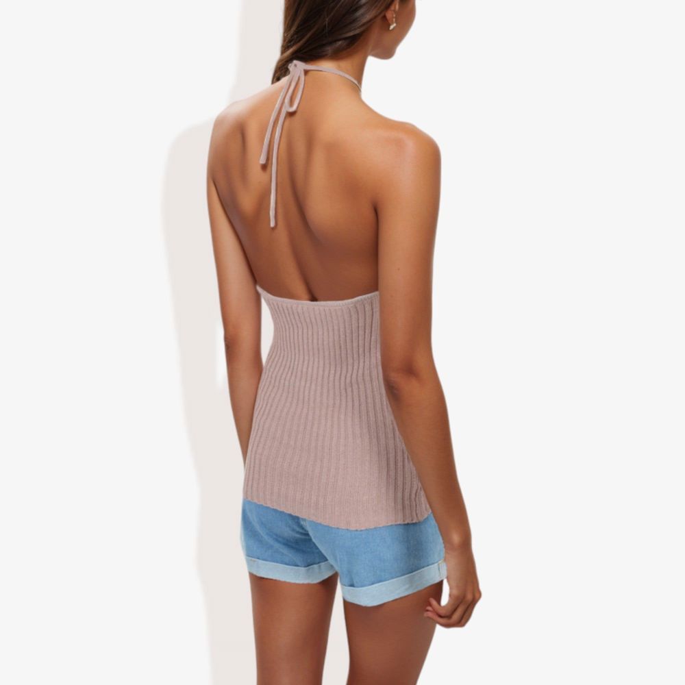 Halter Neck Knit Tank Top with Ribbed Design and Stretchy Fit for Casual Summer Wear