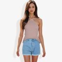 Brown Small Halter Neck Knit Tank Top with Ribbed Design and Stretchy Fit for Casual Summer Wear