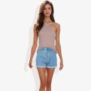 Brown Small Halter Neck Knit Tank Top with Ribbed Design and Stretchy Fit for Casual Summer Wear