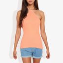 Orange Large Halter Neck Knit Tank Top with Ribbed Design and Stretchy Fit for Casual Summer Wear