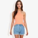 Orange Large Halter Neck Knit Tank Top with Ribbed Design and Stretchy Fit for Casual Summer Wear