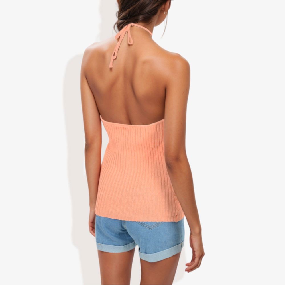 Halter Neck Knit Tank Top with Ribbed Design and Stretchy Fit for Casual Summer Wear