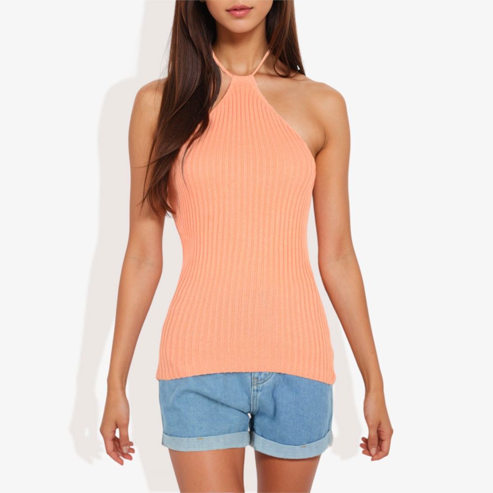 Halter Neck Knit Tank Top with Ribbed Design and Stretchy Fit for Casual Summer Wear