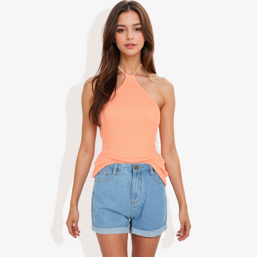 Halter Neck Knit Tank Top with Ribbed Design and Stretchy Fit for Casual Summer Wear