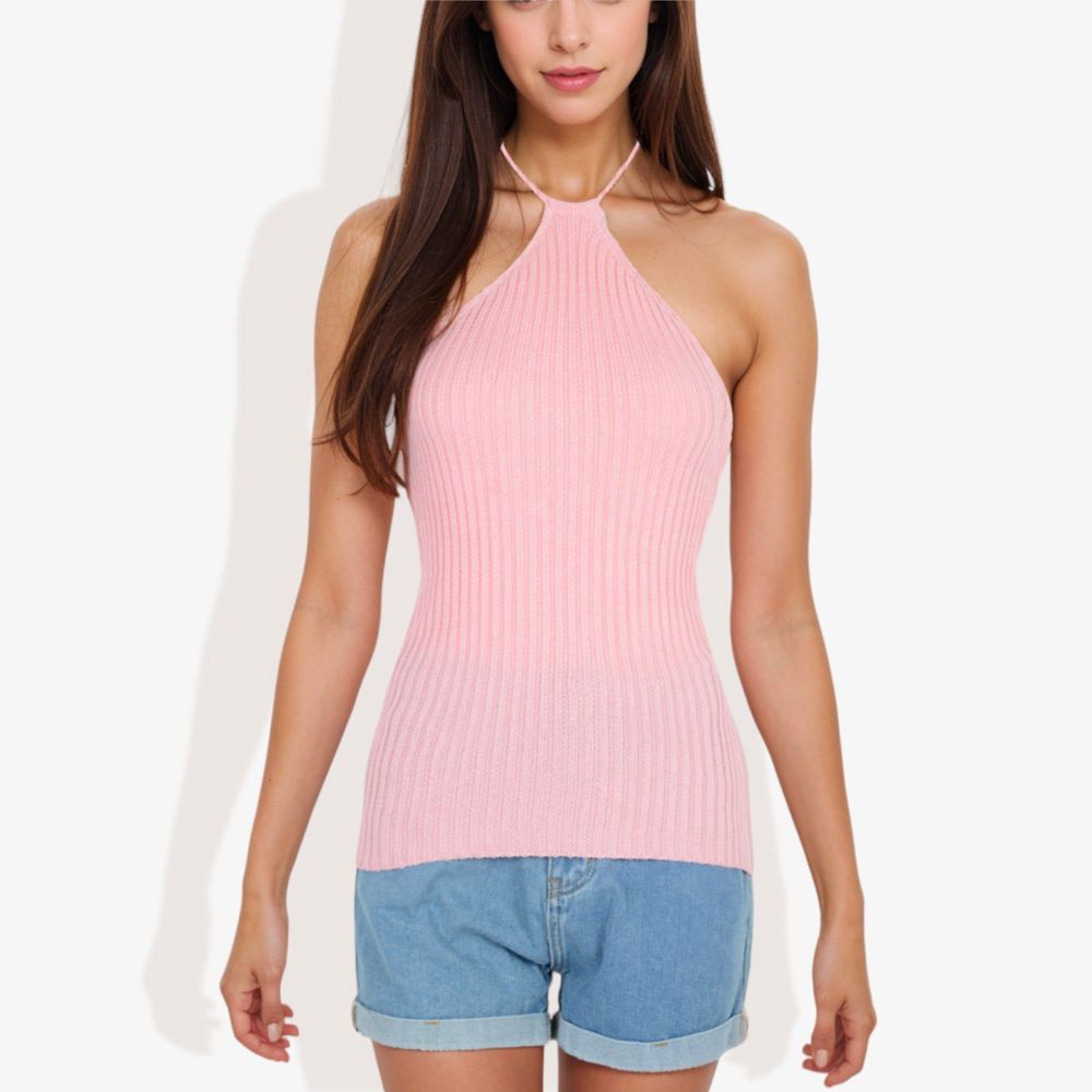 Halter Neck Knit Tank Top with Ribbed Design and Stretchy Fit for Casual Summer Wear