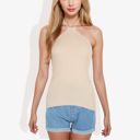 Beige Large Halter Neck Knit Tank Top with Ribbed Design and Stretchy Fit for Casual Summer Wear