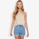 Beige Large Halter Neck Knit Tank Top with Ribbed Design and Stretchy Fit for Casual Summer Wear