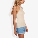 Beige Large Halter Neck Knit Tank Top with Ribbed Design and Stretchy Fit for Casual Summer Wear